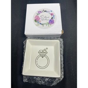White Ceramic Diamond Ring Trinket Dish Gold Rim Square Jewelry Tray w/ Gift Box